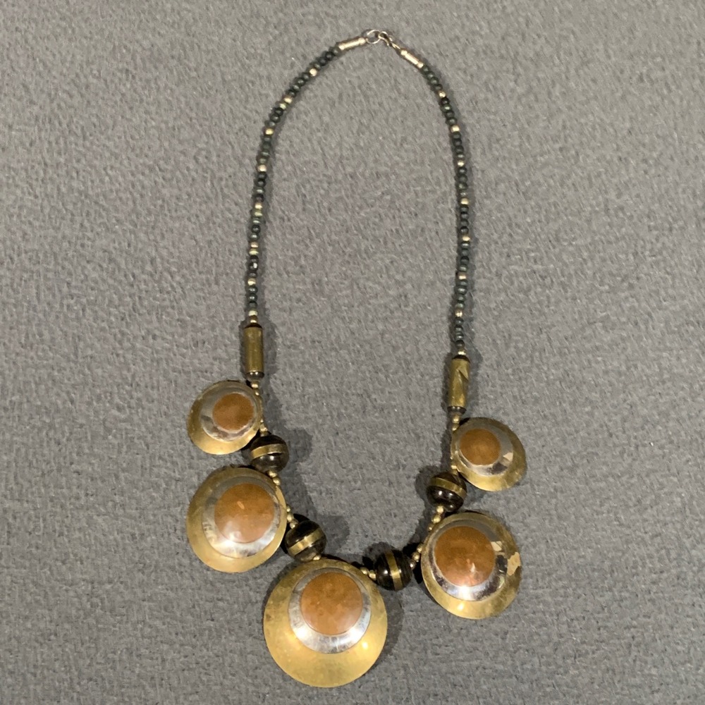 Vintage Necklace Women Mixed Metal Brass Copper Disc Brutalist Egyptian Revival